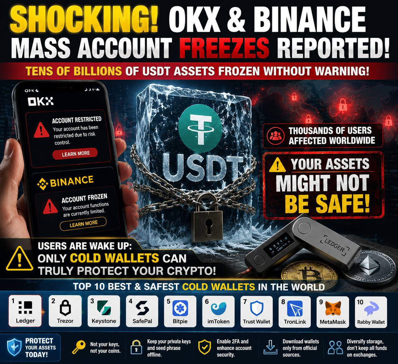 Crypto exchange warning and cold wallet illustration